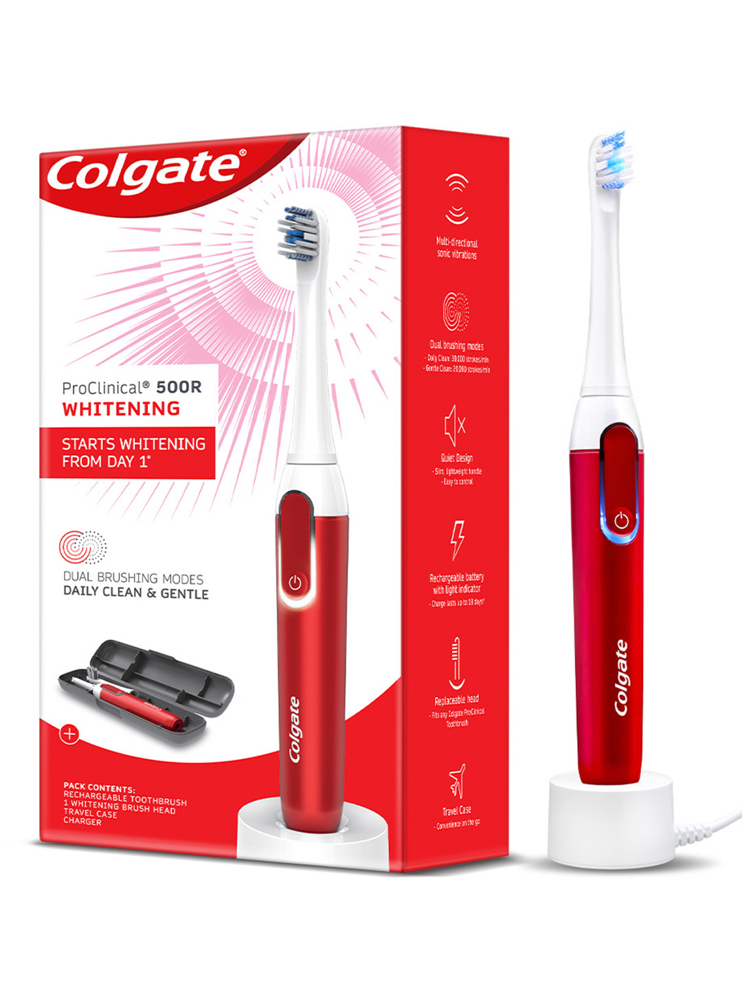 Colgate Proclinical 500R Whitening Rechargeable Sonic Electric Toothbrush - White & Maroon