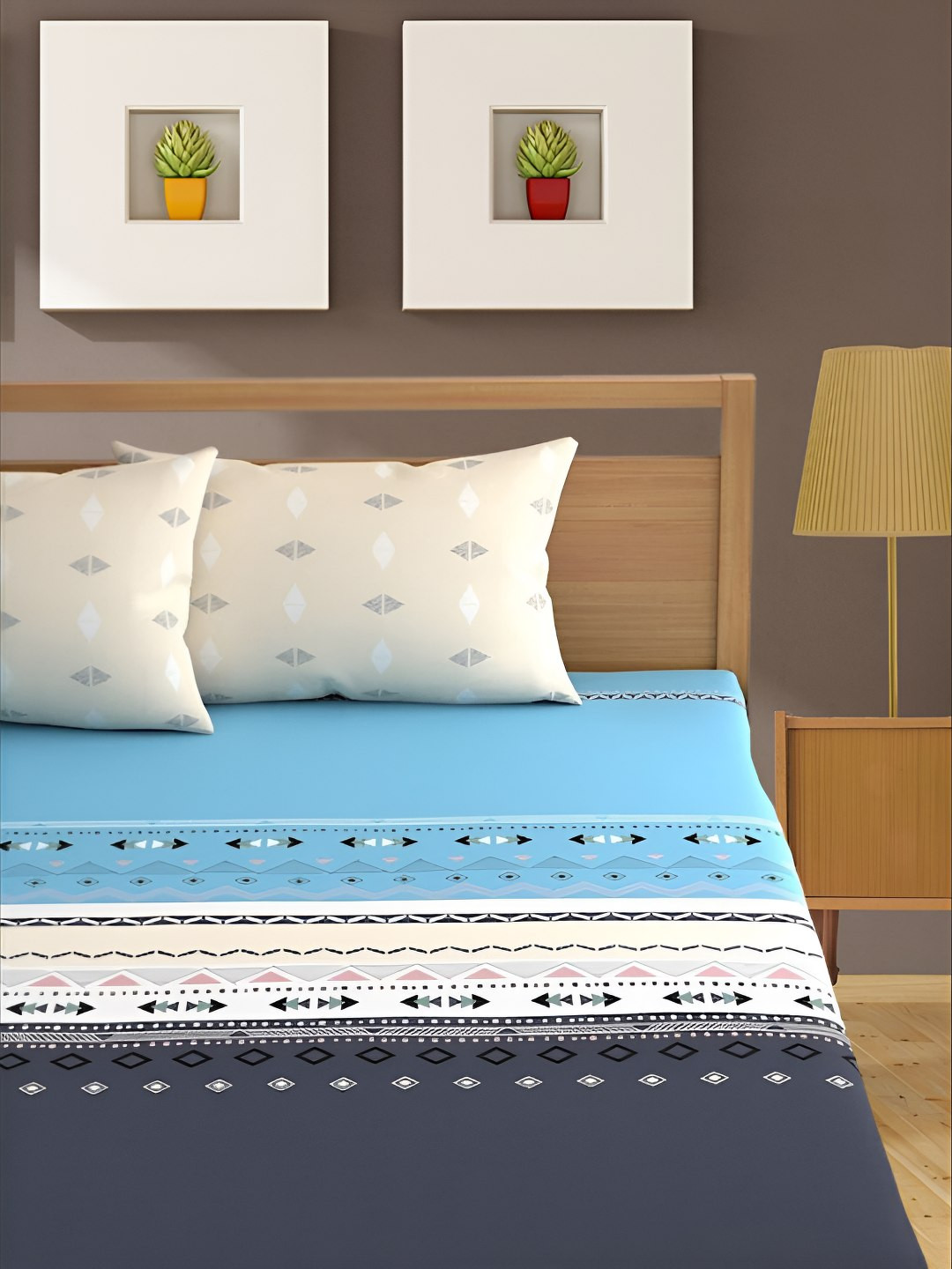 Bajo's Beige Geometric Cotton 350 TC King Superfine Bedsheet with 2 Pillow Covers-250 x 275 cm