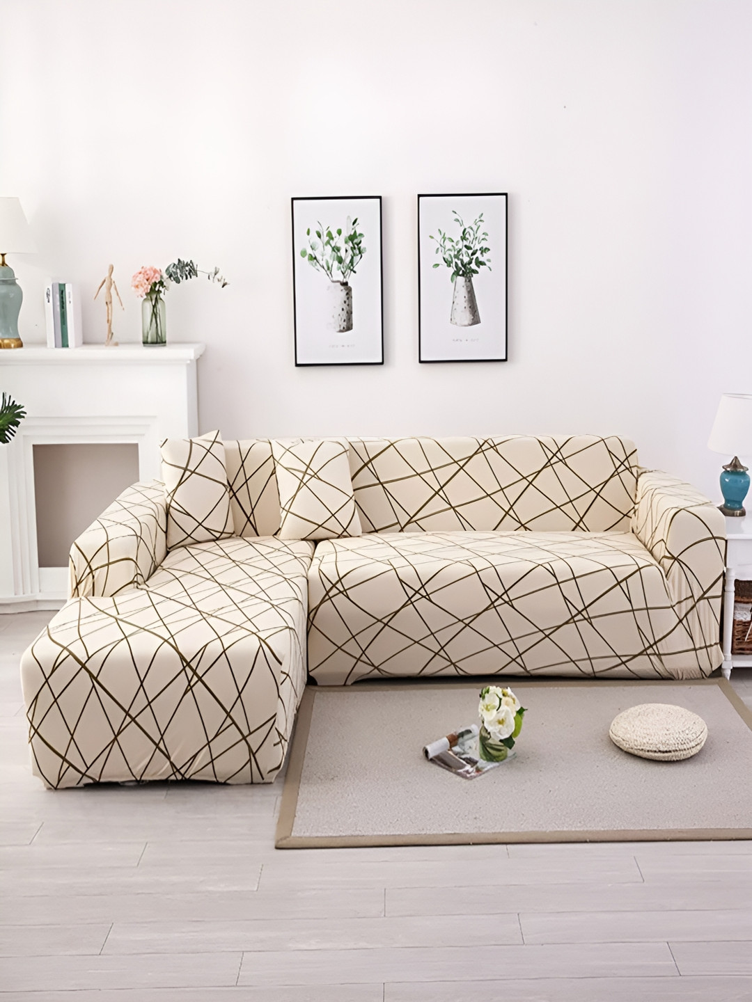 HOUSE OF QUIRK Cream Coloured 2 Pieces Printed Elastic 3 Seater Sofa Cover