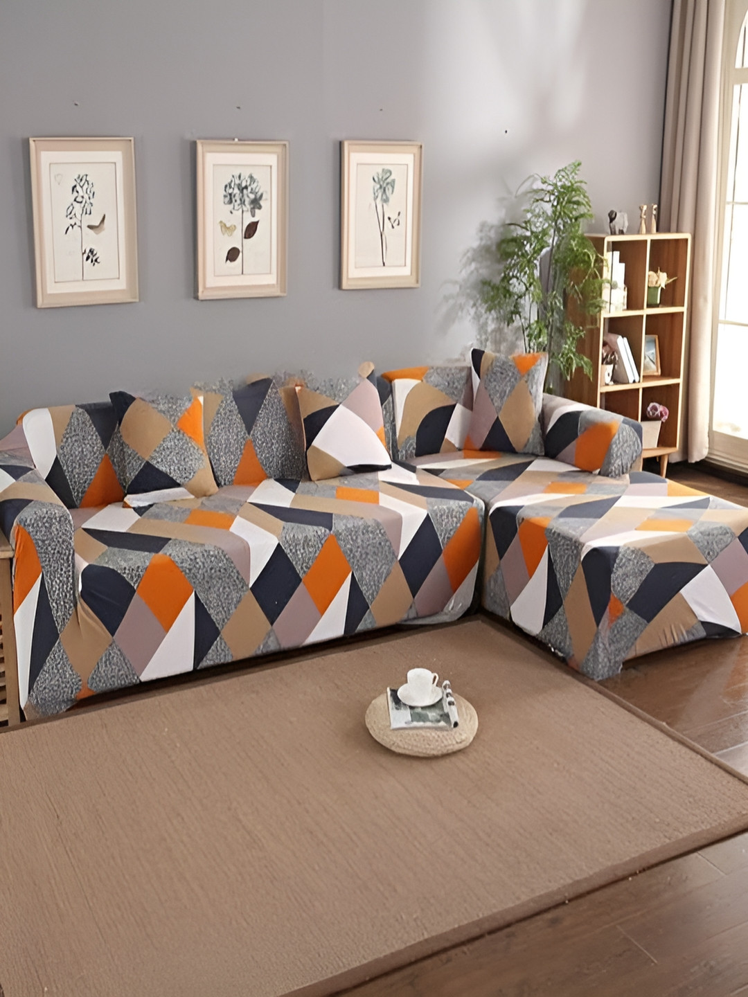 HOUSE OF QUIRK Beige & Blue 2 Pieces Printed L - Shape Sofa Covers