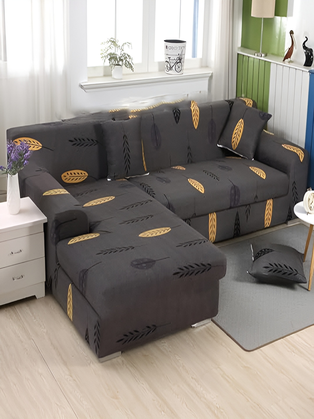 HOUSE OF QUIRK Soft Touching Stretch Polyester 2PC L-Shape 6 Seater Sofa Cover-73x91x20In
