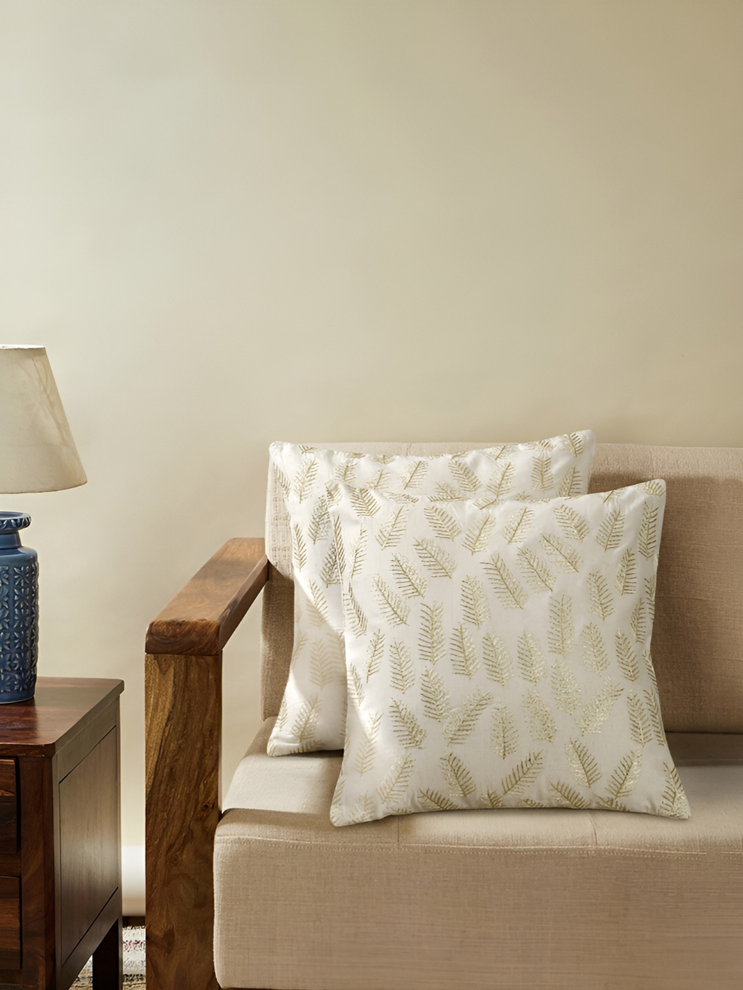 Ratan Cart Gold-Toned & White 2Pcs Embroidered Square Cushion Covers