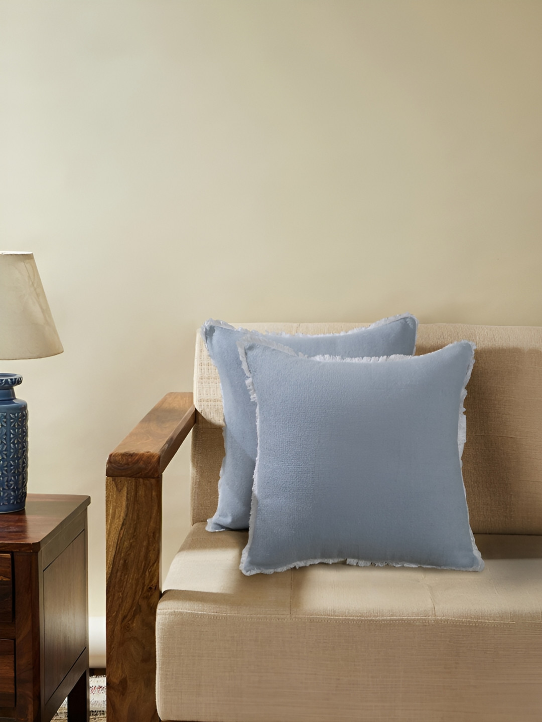 Ratan Cart Fringes Blue Cotton Breathable 2 Pcs Textured Cushion Covers - 18 x 18 Inches