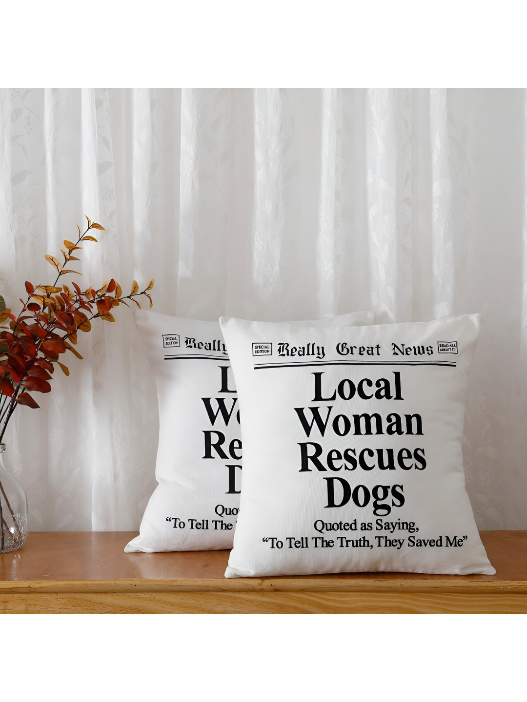 Ratan Cart Text Printed Typography Polyester Silk Breathable 2 Pcs Cushion Covers -18x18In