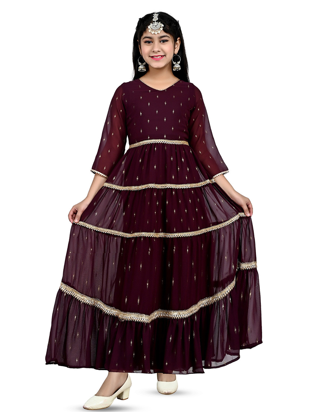 BAESD Embellished Gotta Patti Print Net Fit & Flare Maxi Dress