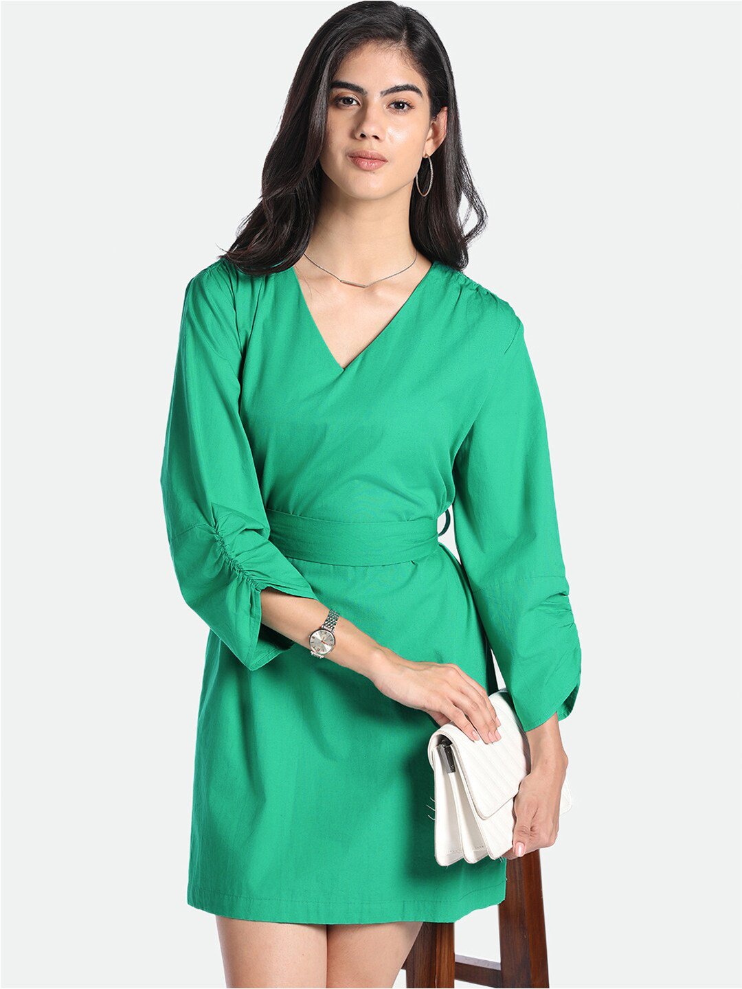 DL Woman V-Neck Ruched Sleeves Cotton A-Line Dress