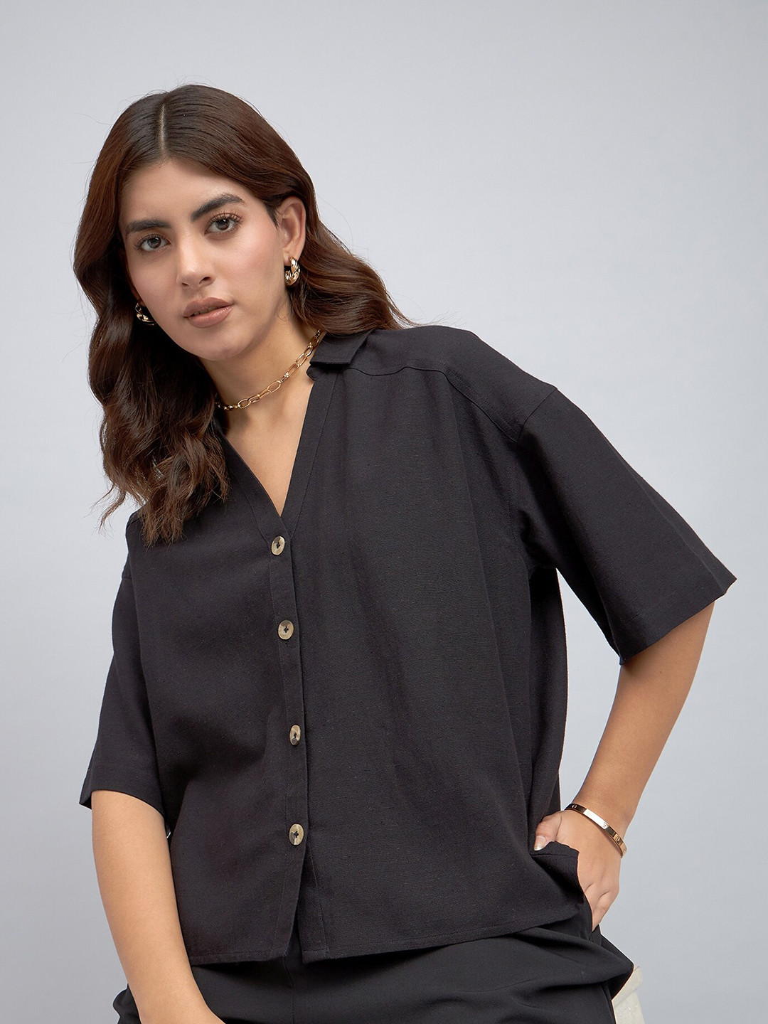 DL Woman Oversized Drop Shoulder Shirt Style Cotton Top