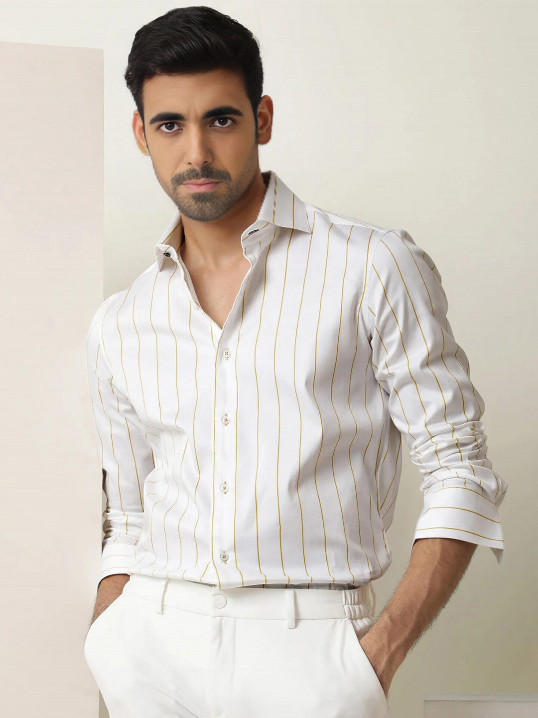 MISCHIEF MONKEY Classic Striped Cotton Spread Collar Curved Formal Shirt