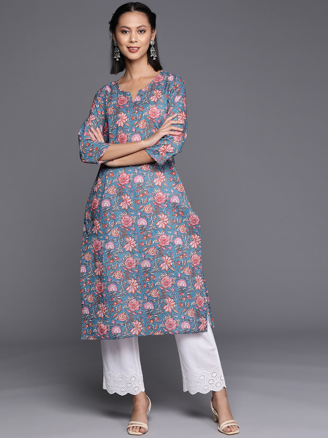 KALINI Floral Printed Round Neck Cotton Straight Kurta