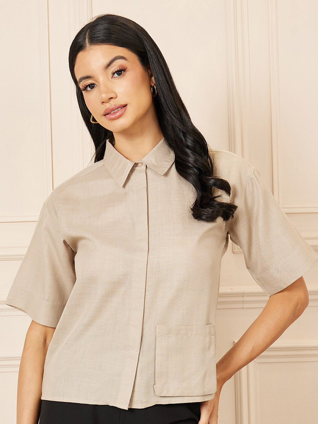 Styli Women's Beige Spread Collar Textured Pocket Detail Concealed Placket Boxy Shirt