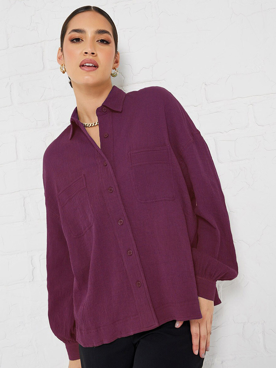 Styli Purple Oversized Fit Textured Drop-Shoulder Sleeves Casual Shirt