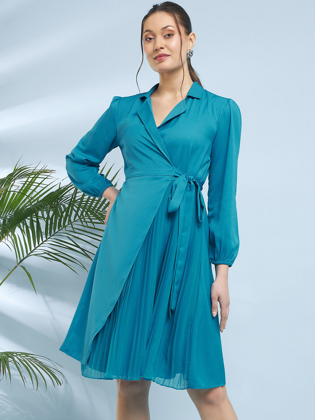 Antheaa Shirt Collar Puff Sleeve Belted Knee Length Wrap Dress