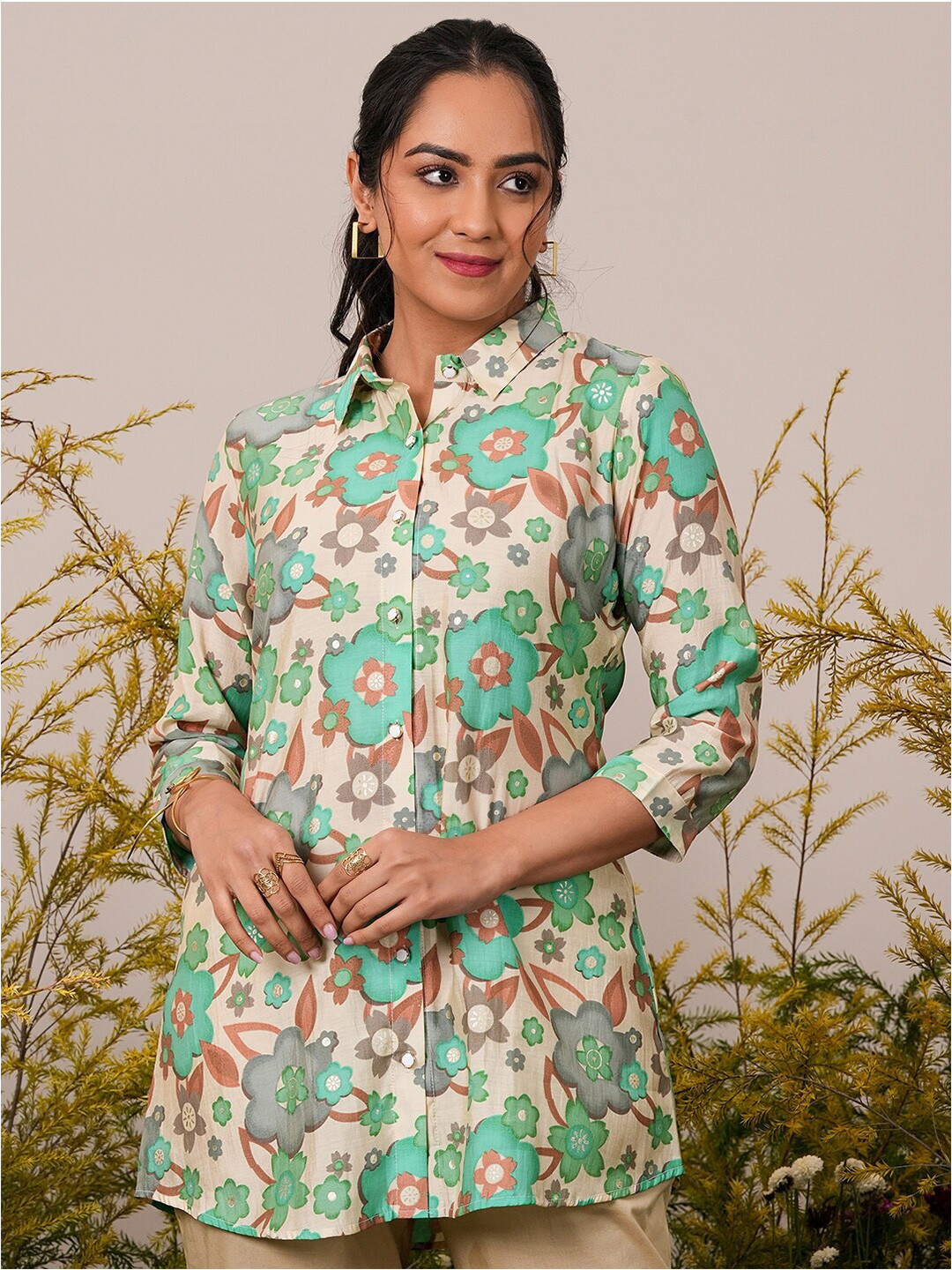Libas Floral Printed Shirt Collar Panelled A-Line Kurti