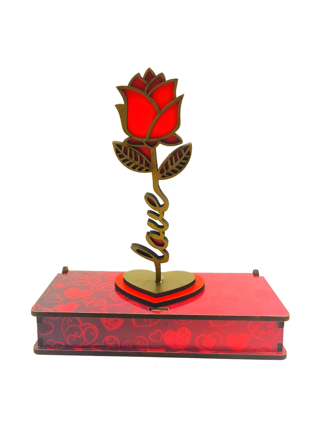 Phirki Studio Red & Gold Toned Artificial Flower With Wooden Box