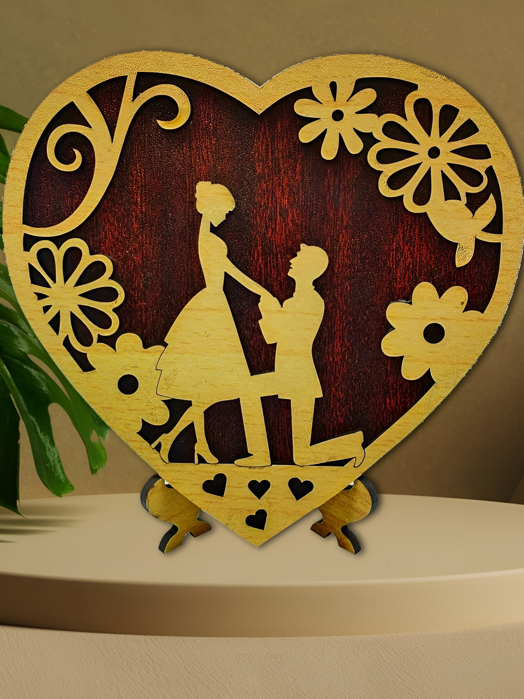 Phirki Studio Couple Propose Heart Shape Beige Wood Natural Living Room Set of 2 Small Showpieces - 2.4 Inches