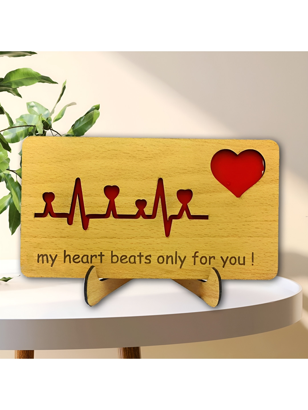 Phirki Studio Love Heart Beat Design Beige Wood Natural Living Room Set of 2 Small Showpieces - 4.8 Inches