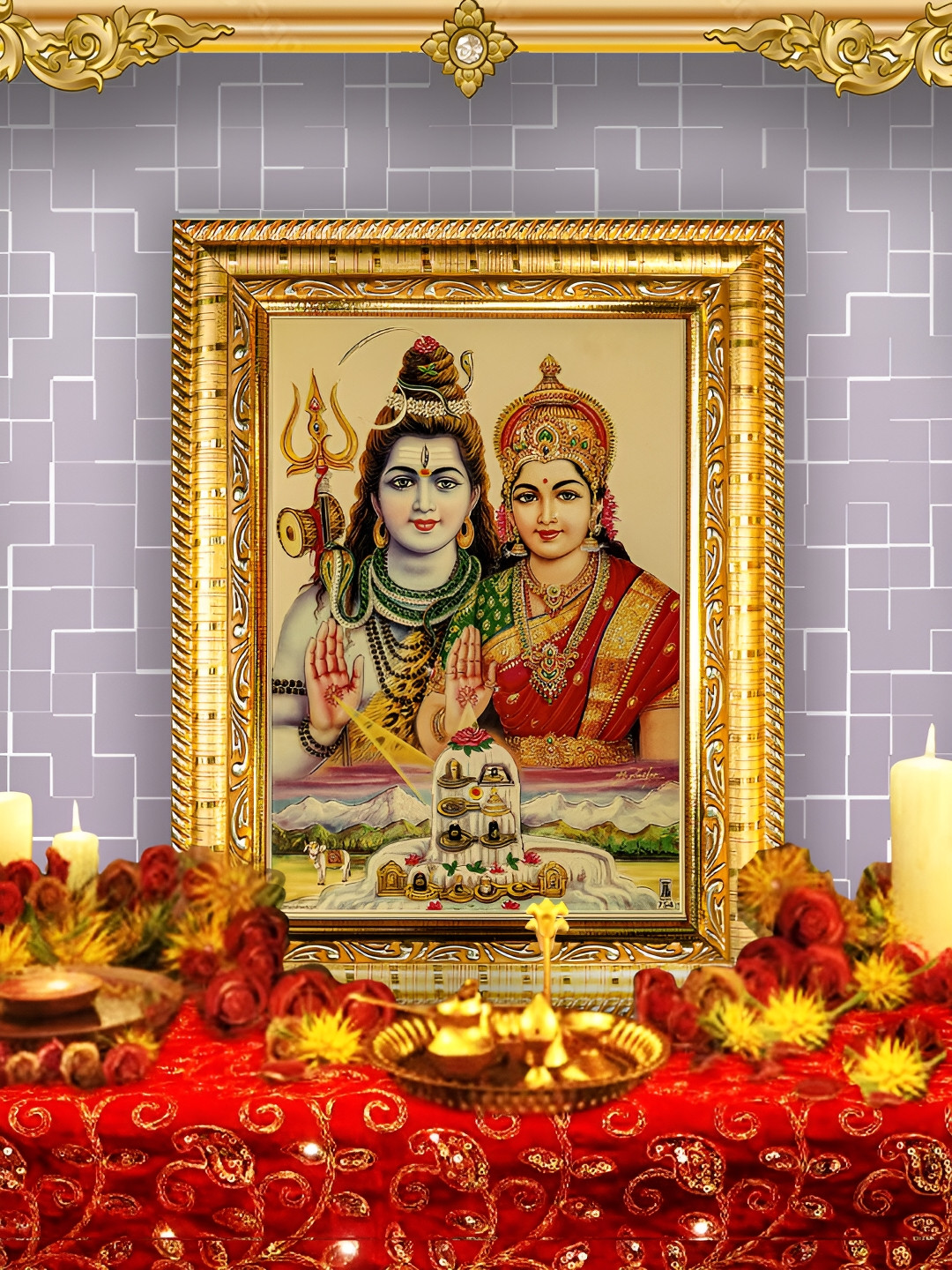 Hawai 24K Gold Plated Wooded Shiva Parvati Wall Photo Frame