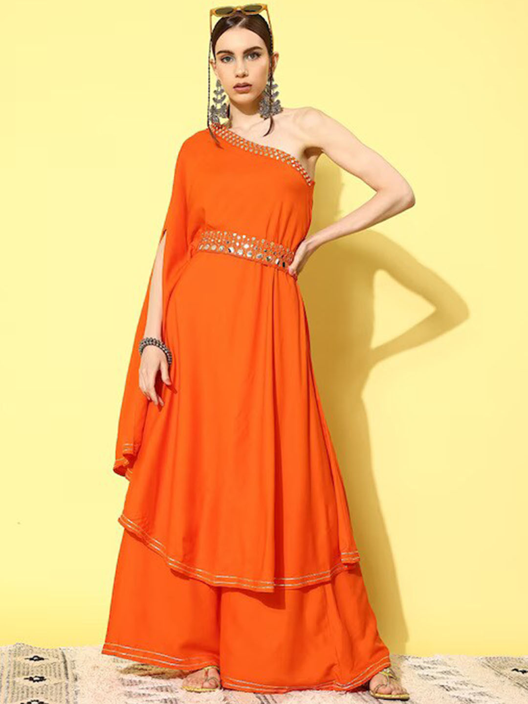 InWeave One Shoulder Mirror Work Belted A-Line Kurta with Palazzos