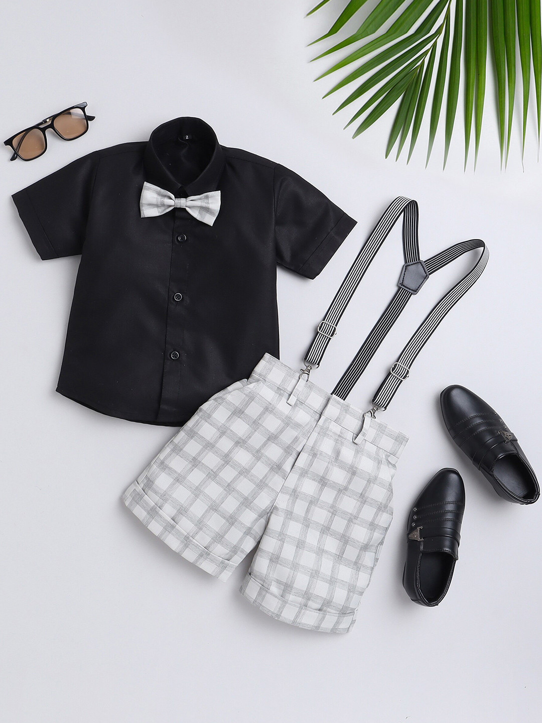 BAESD Boys Checked Short Sleeves Shirt With Shorts Bow & Suspenders