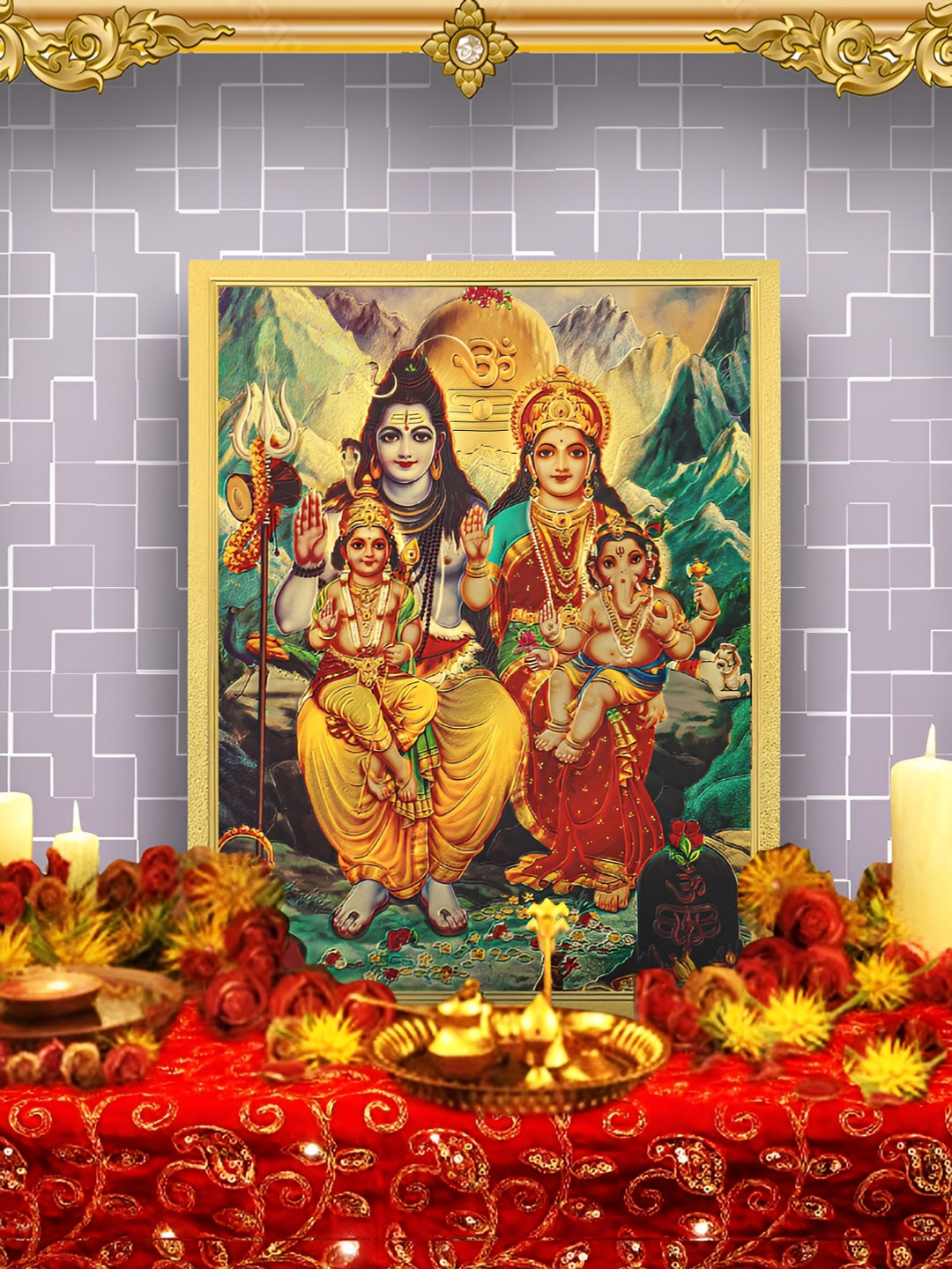 Hawai Gold-Toned & Red Shiva Parvati with Ganesh and kartikeya Wooden Wall Photo Frames