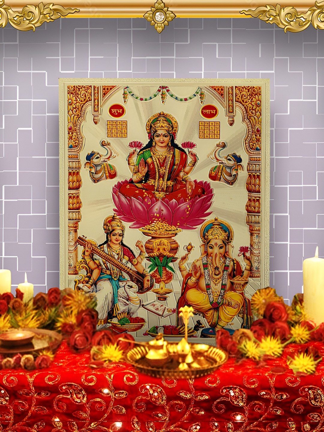 Hawai Gold-Toned & Red Wooden Laxmi Mata Gold Foil Wall Photo Frame