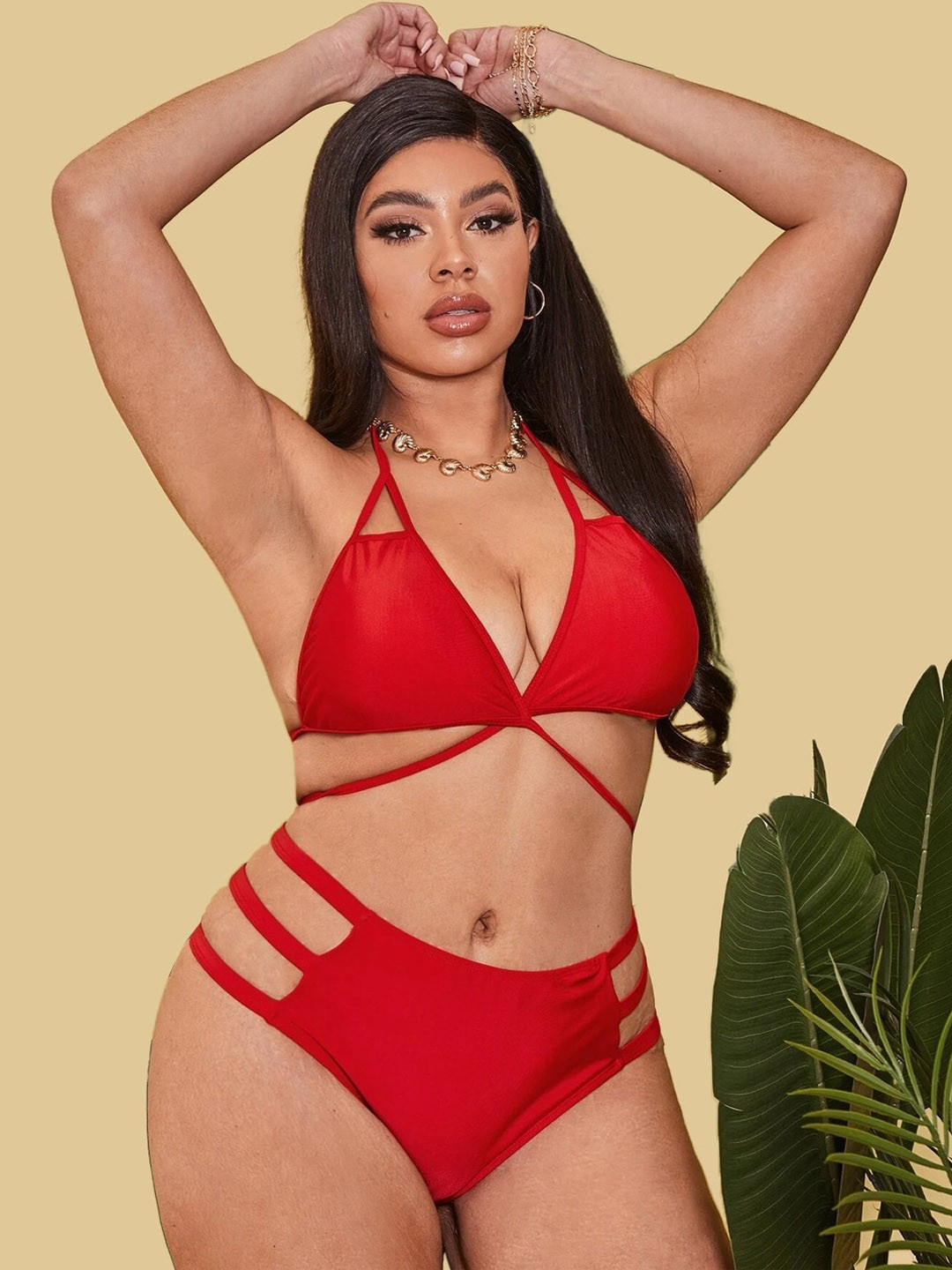 FIMBUL Halter Neck Cut-Out Basics Swim Bikini Set