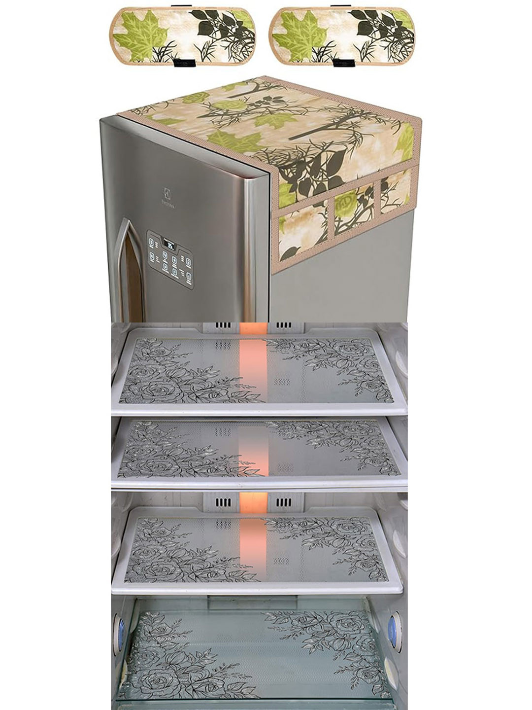 Dakshya Industries Transparent 6Pcs Printed Fridge Top Cover Handle Covers & Mats