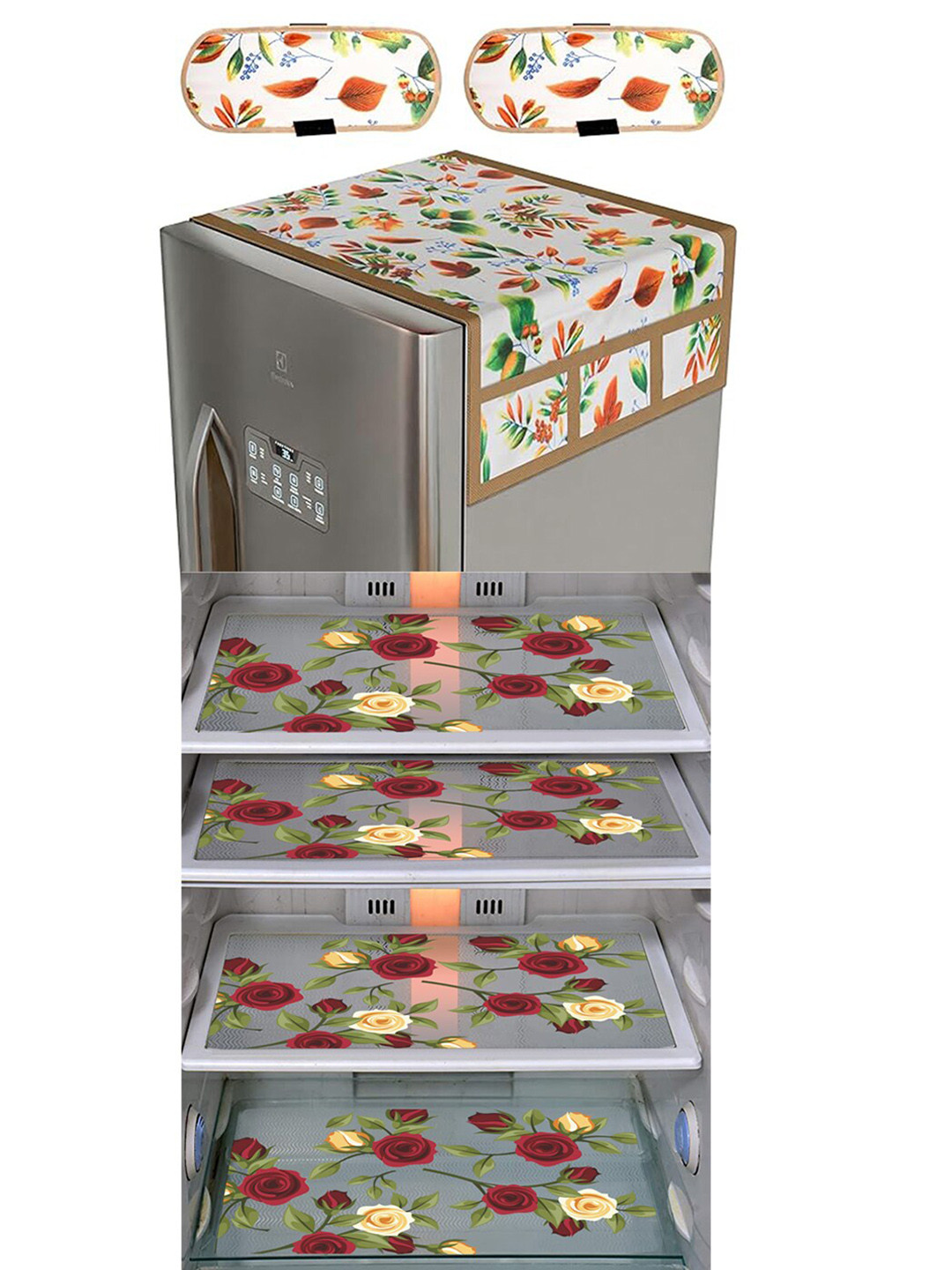 Dakshya Industries Yellow & Transparent 6Pcs Printed Fridge Top Cover Handle Covers & Mats