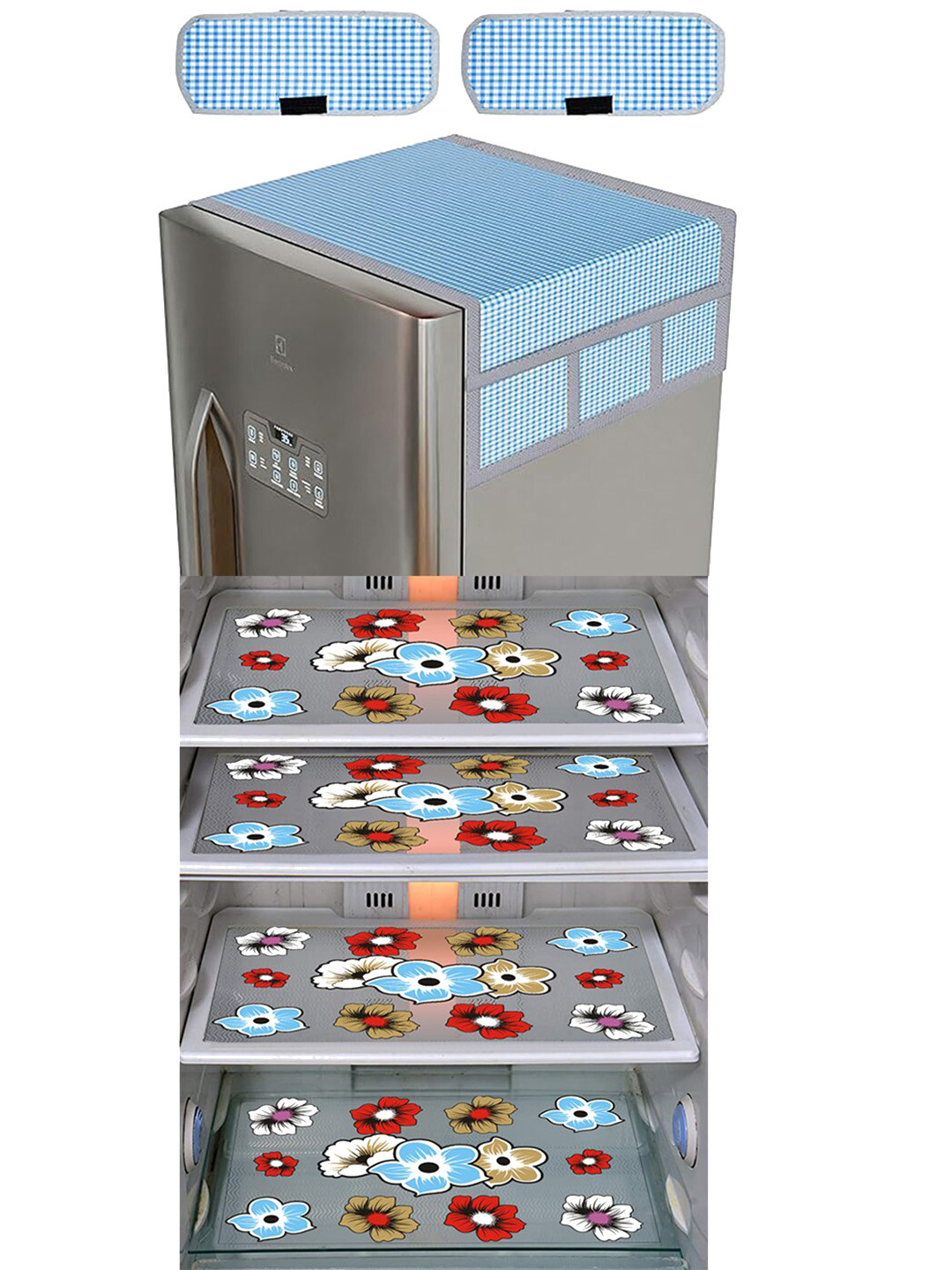 Dakshya Industries Blue & Red 6Pcs Printed Fridge Top Cover  Handle Covers & Mats