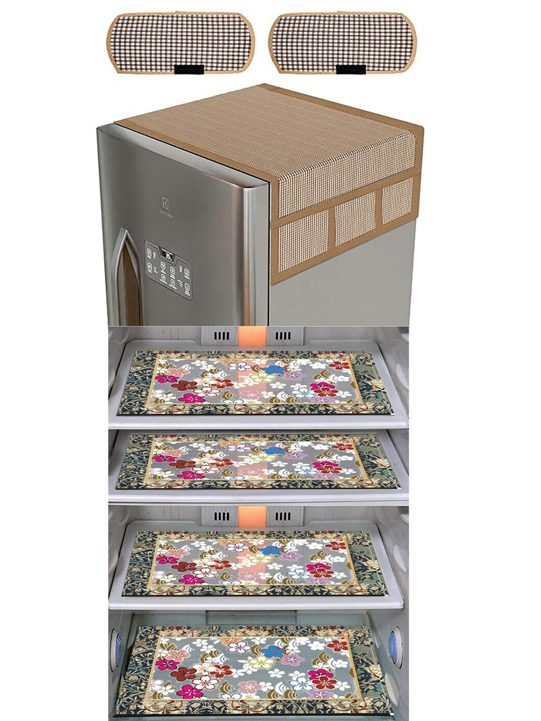 Dakshya Industries Brown & White 6Pcs Printed Fridge Top Cover Handle Covers & Mats