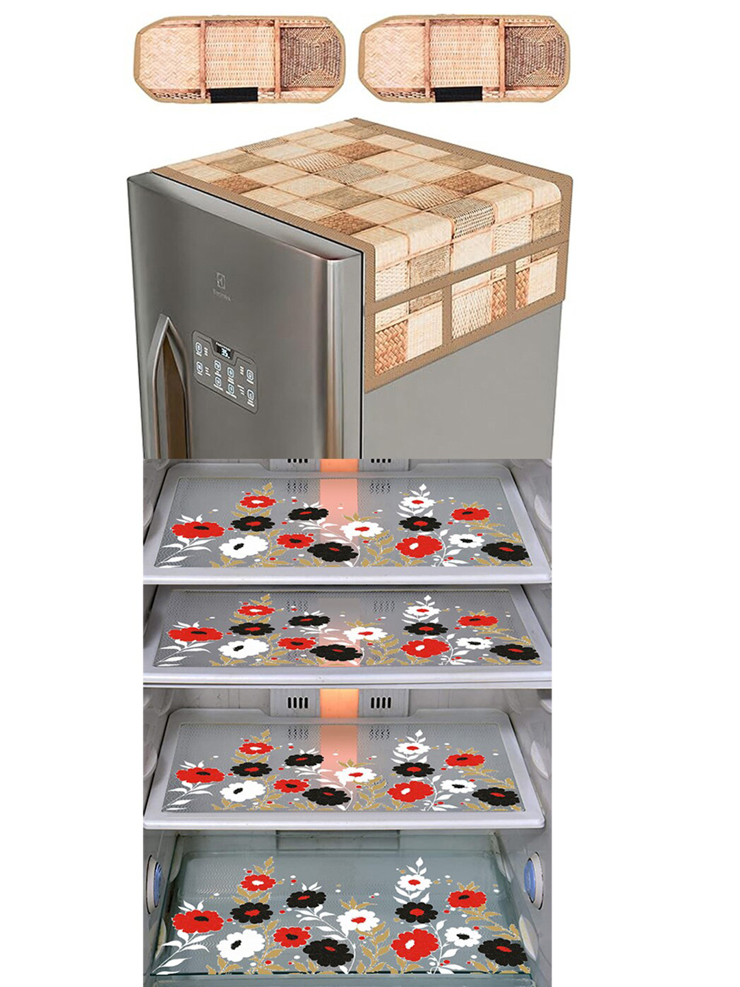 Dakshya Industries Beige & Red 7 Pieces Printed Refrigerator Appliance Covers