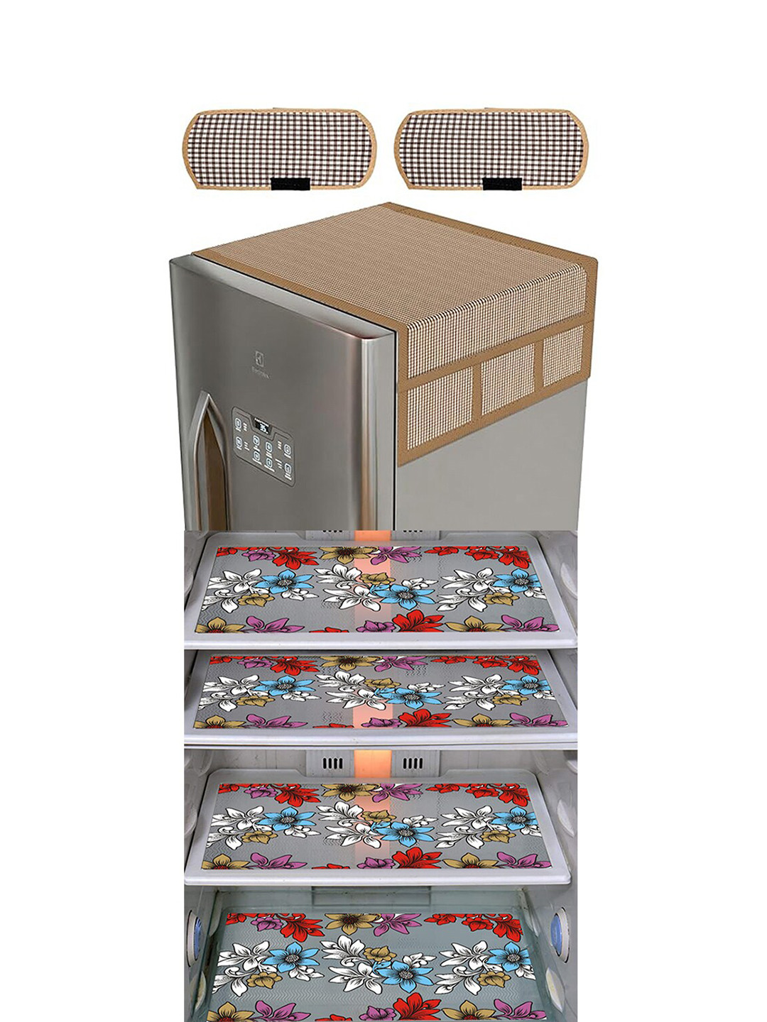 Dakshya Industries 7 Pieces Brown & Blue Printed Refrigerator Appliance Covers