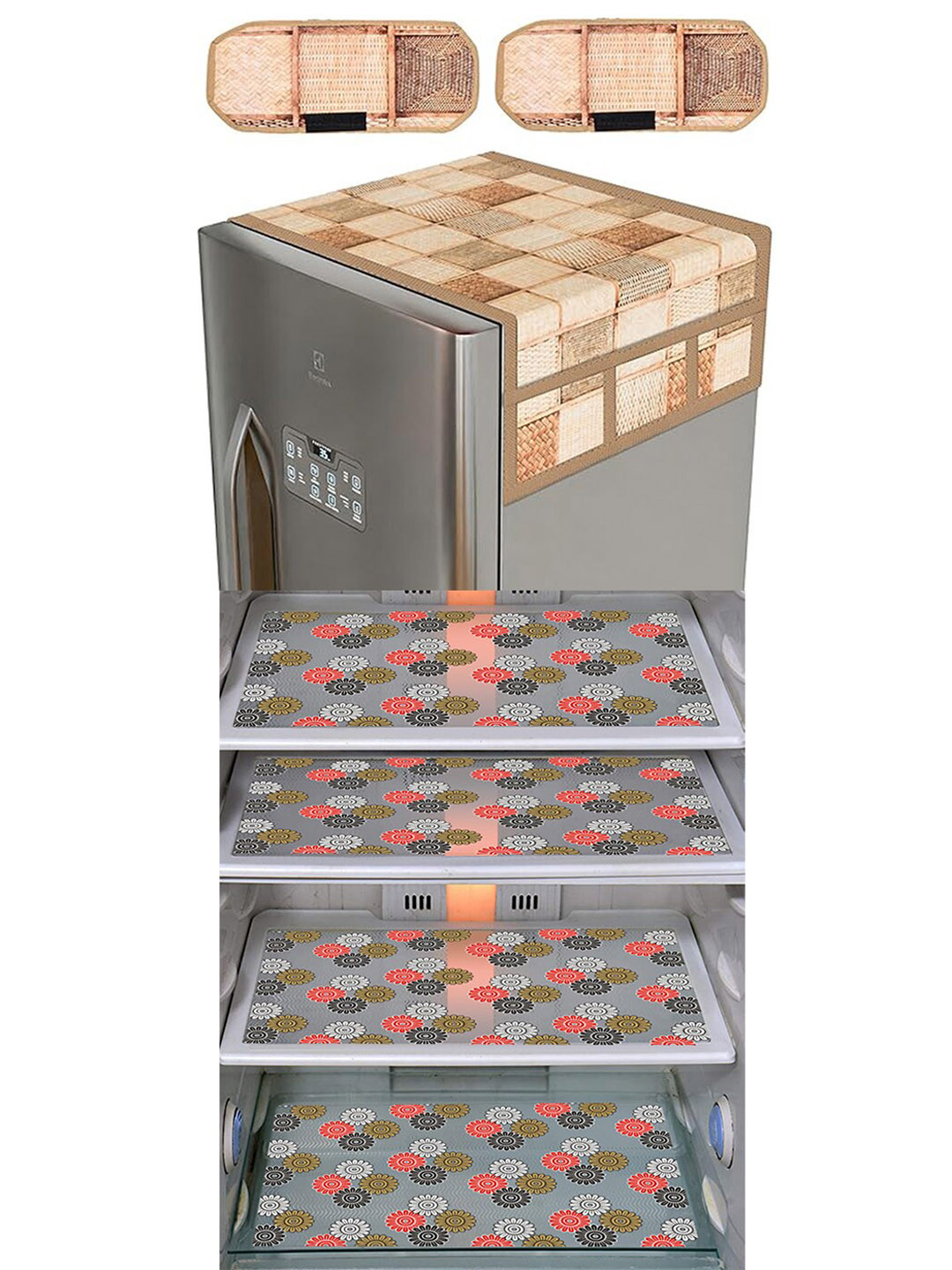 Dakshya Industries 7 Pieces Beige & Pink Printed Refrigerator Appliance Covers