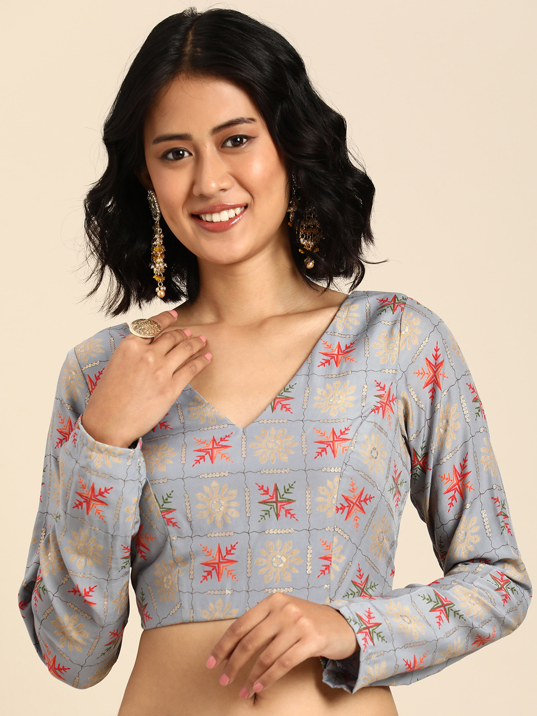 Ethnovog Floral Foil Print Saree Blouse