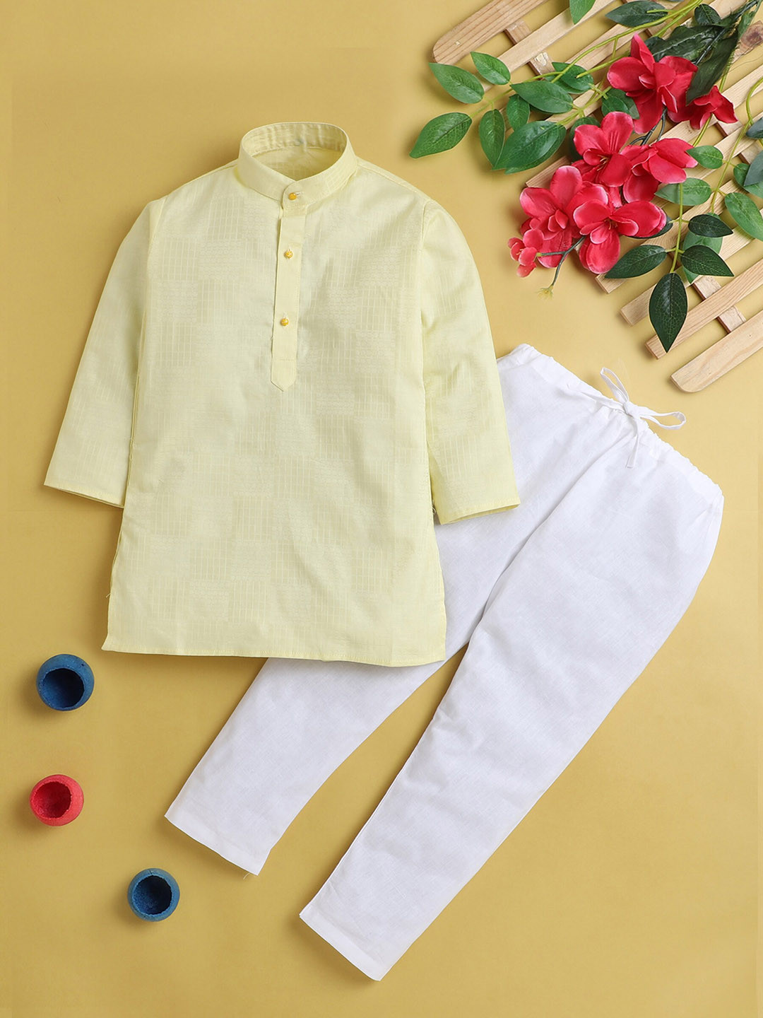 BAESD Boys Checked Self Design Mandarin Collar Straight Kurta With Pyjama