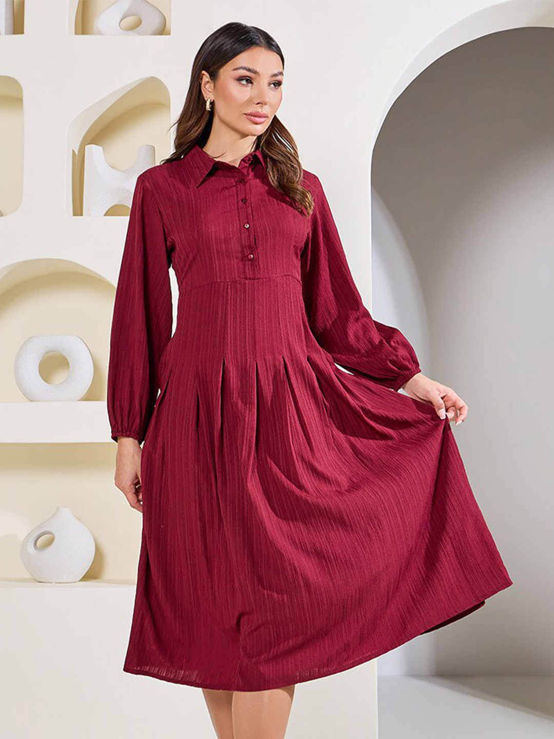 Styli Textured Pleated Collared Midi Dress