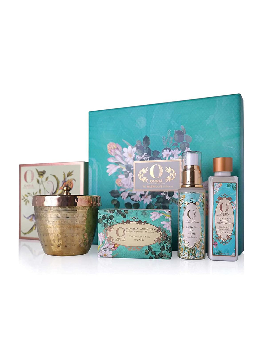 Ohria Ayurveda Mehek Raatrani & Mint Gift Box: Bathing Bar Deodorant Lotion & Candle