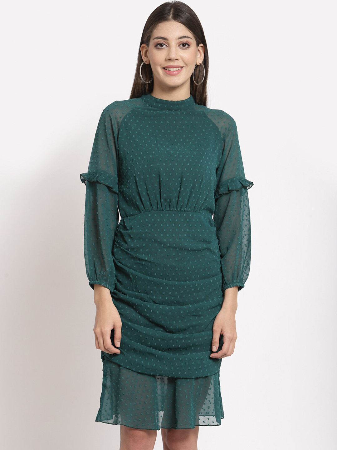 aayu Printed Mock Neck Puff Sleeve Georgette Sheath Dress