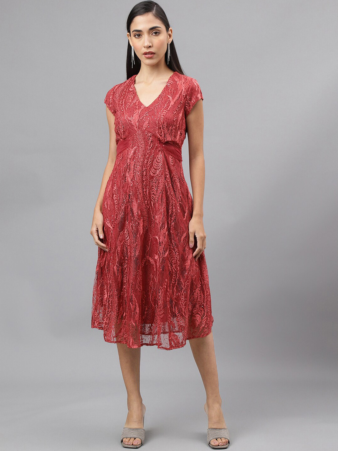 Latin Quarters Lace Inserts V-Neck Empire Midi Dress