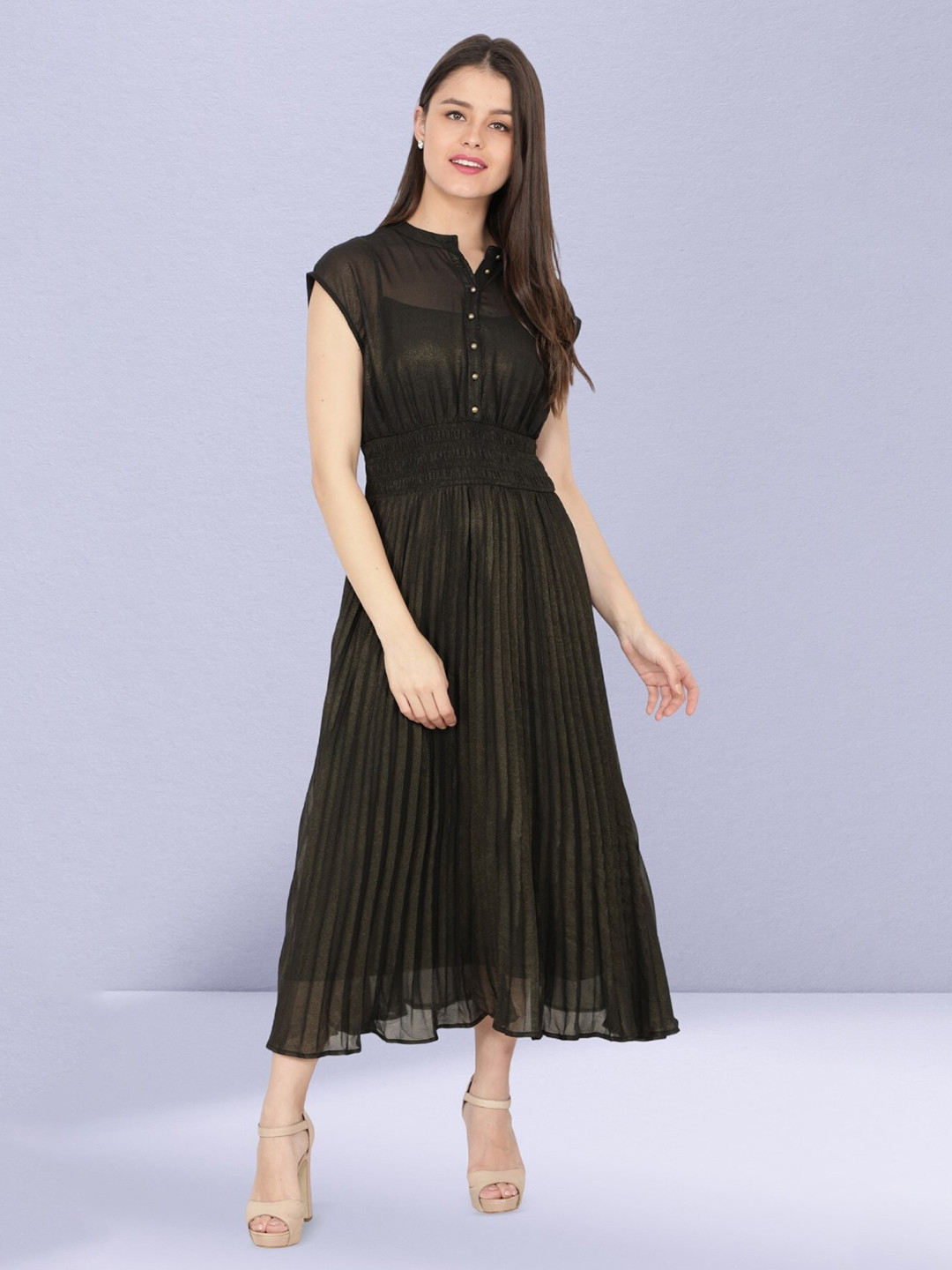 NUEVOSDAMAS Mandarin Collar Cap Sleeves Georgette Fit & Flare Midi Dress