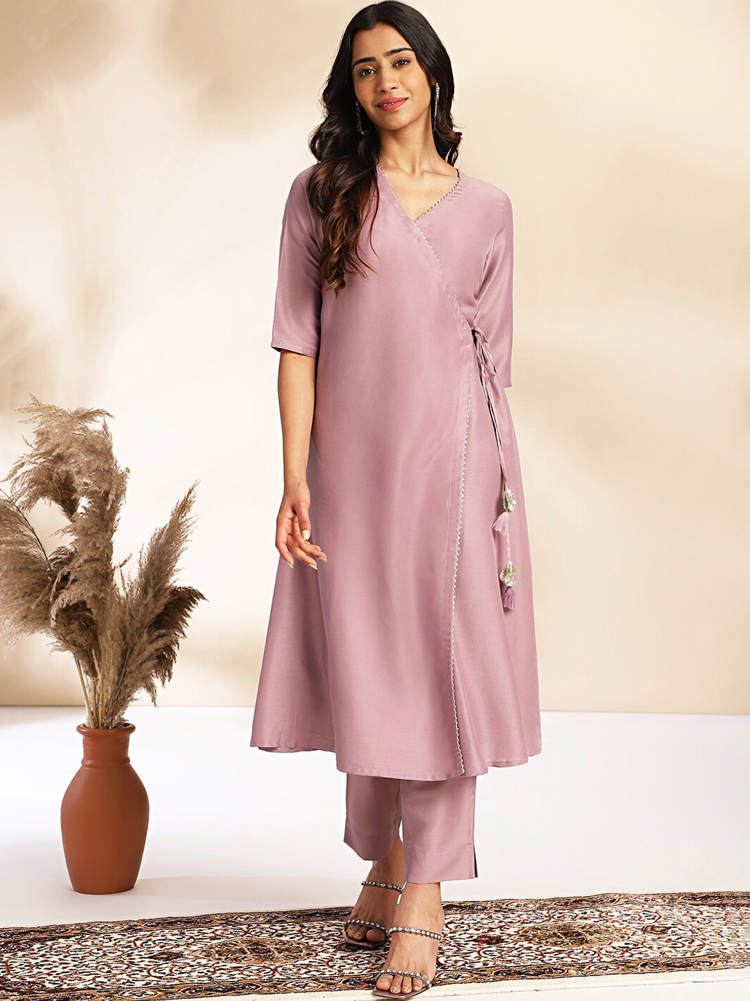 Janasya Women's Lavender Chinnon Solid Wrap Kurta Set