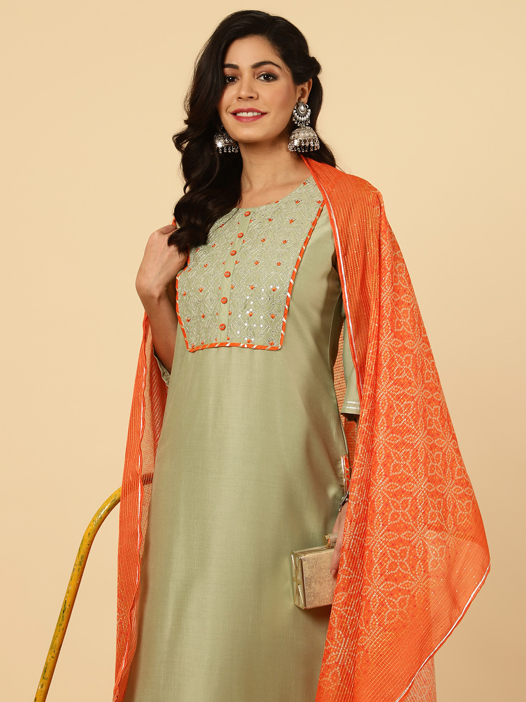 Jaipur Kurti Yoke Design Floral Embroidered Regular Straight Kurta With Trousers & Dupatta