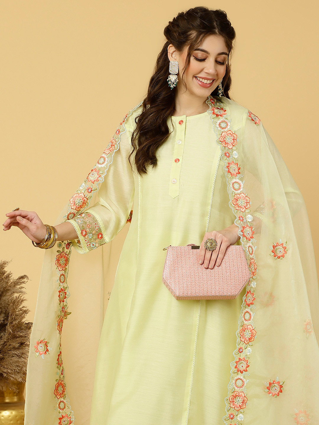 Jaipur Kurti Regular Aari Work Embroidered A Line Kurta With Trousers & Dupatta