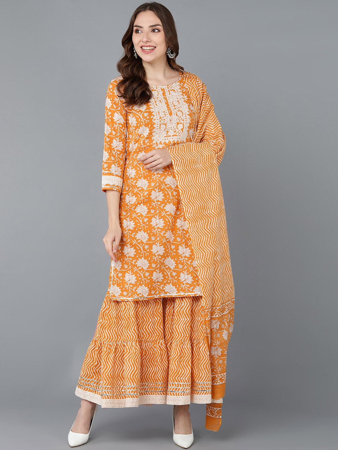 KALINI Floral Embroidered Regular Thread Work Pure Cotton Kurti with Sharara & Dupatta