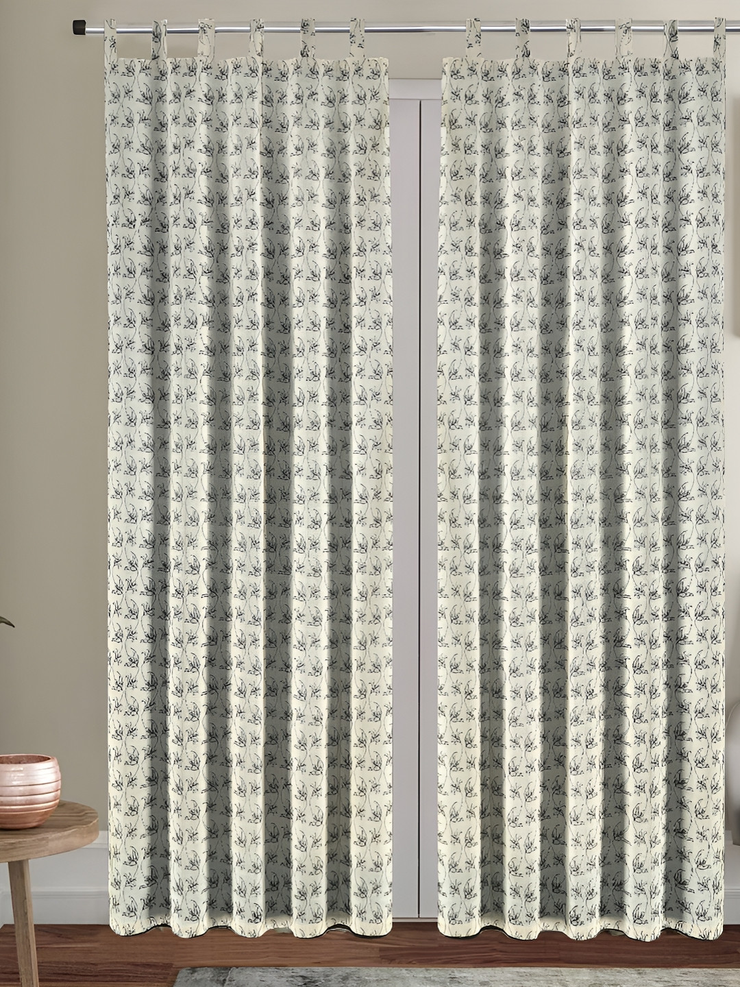 Ratan Cart Off White & Black 2 Pieces Printed Cotton Black Out Door Curtains