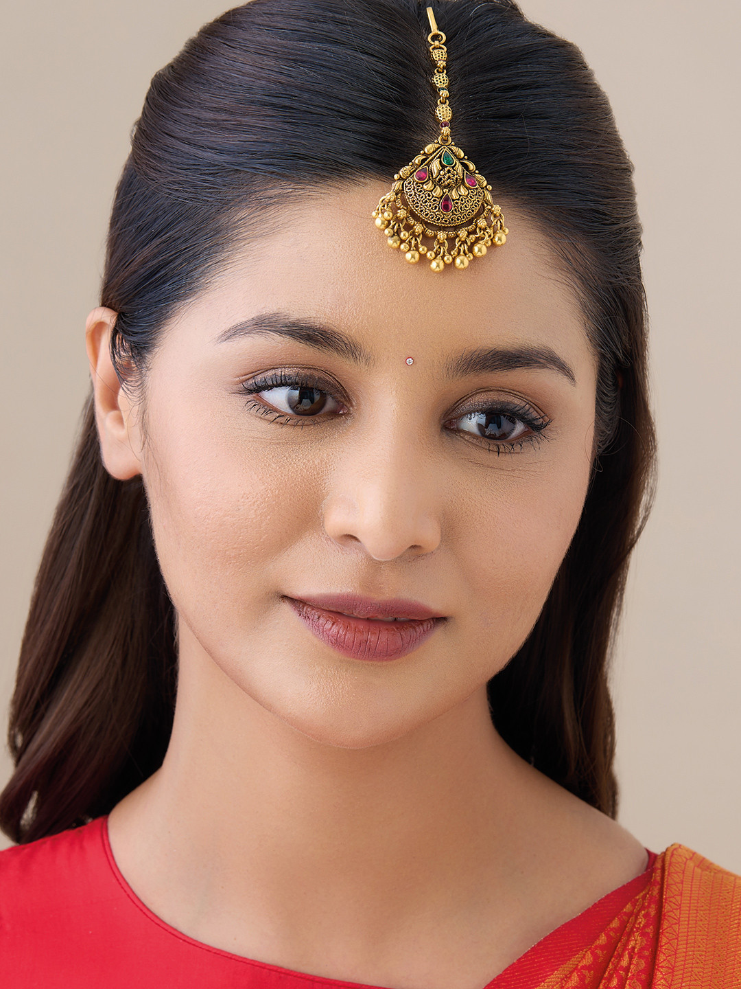 Kushal's Fashion Jewellery Embellished Bridal Gold-Plated 92.5 Silver Stone Maang Tikka