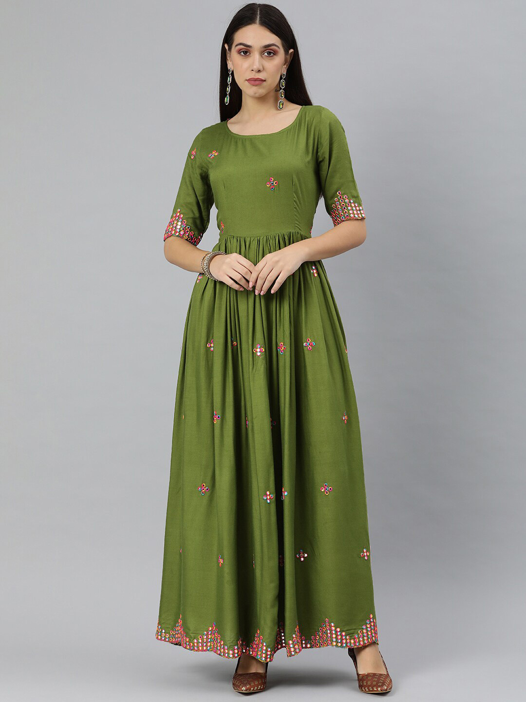 Swishchick Embroidered Round Neck Short Sleeves Mirror work fit & flare dress
