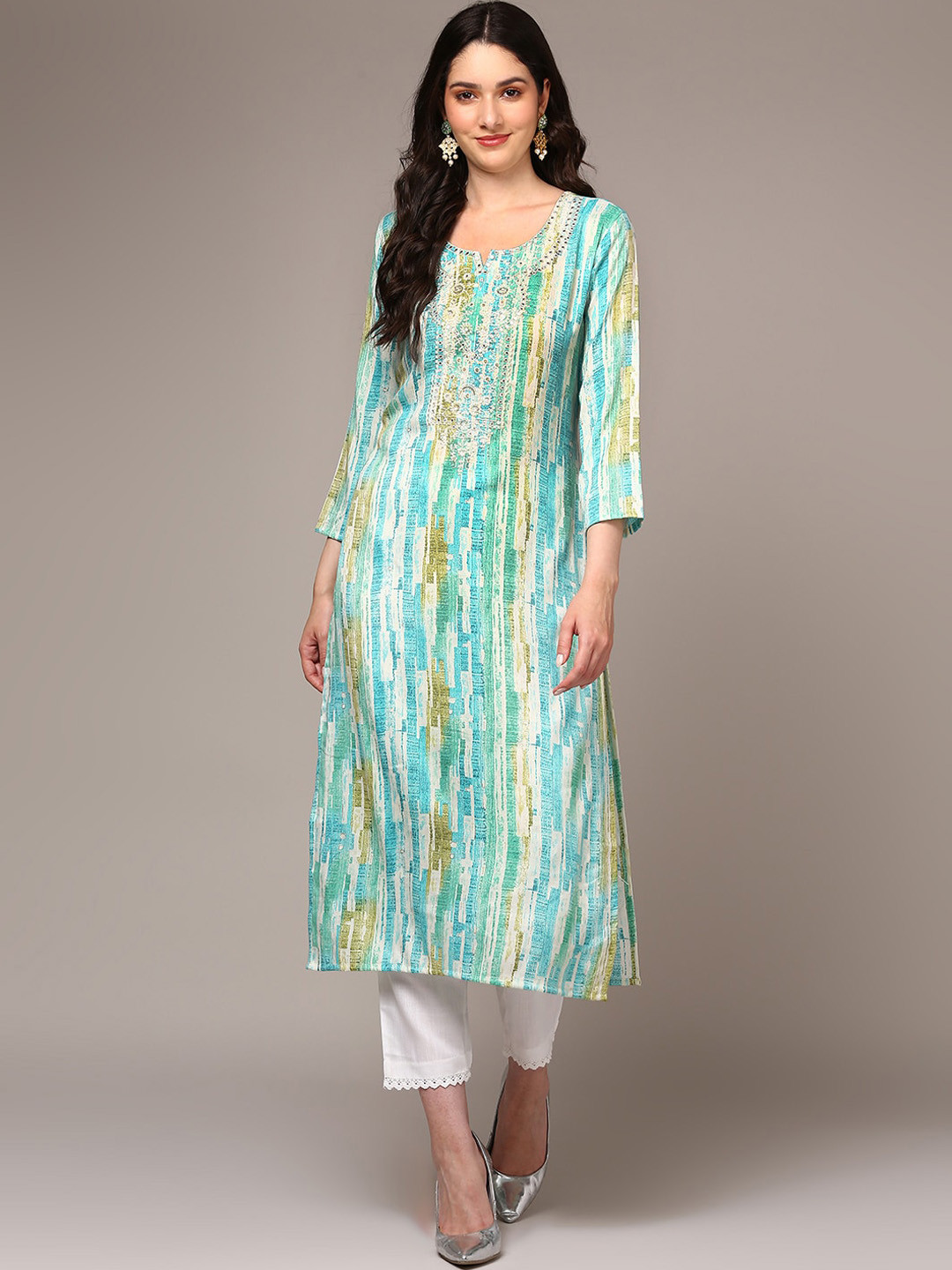 KALINI Abstract Printed Round Neck Mirror Work Straight Kurta