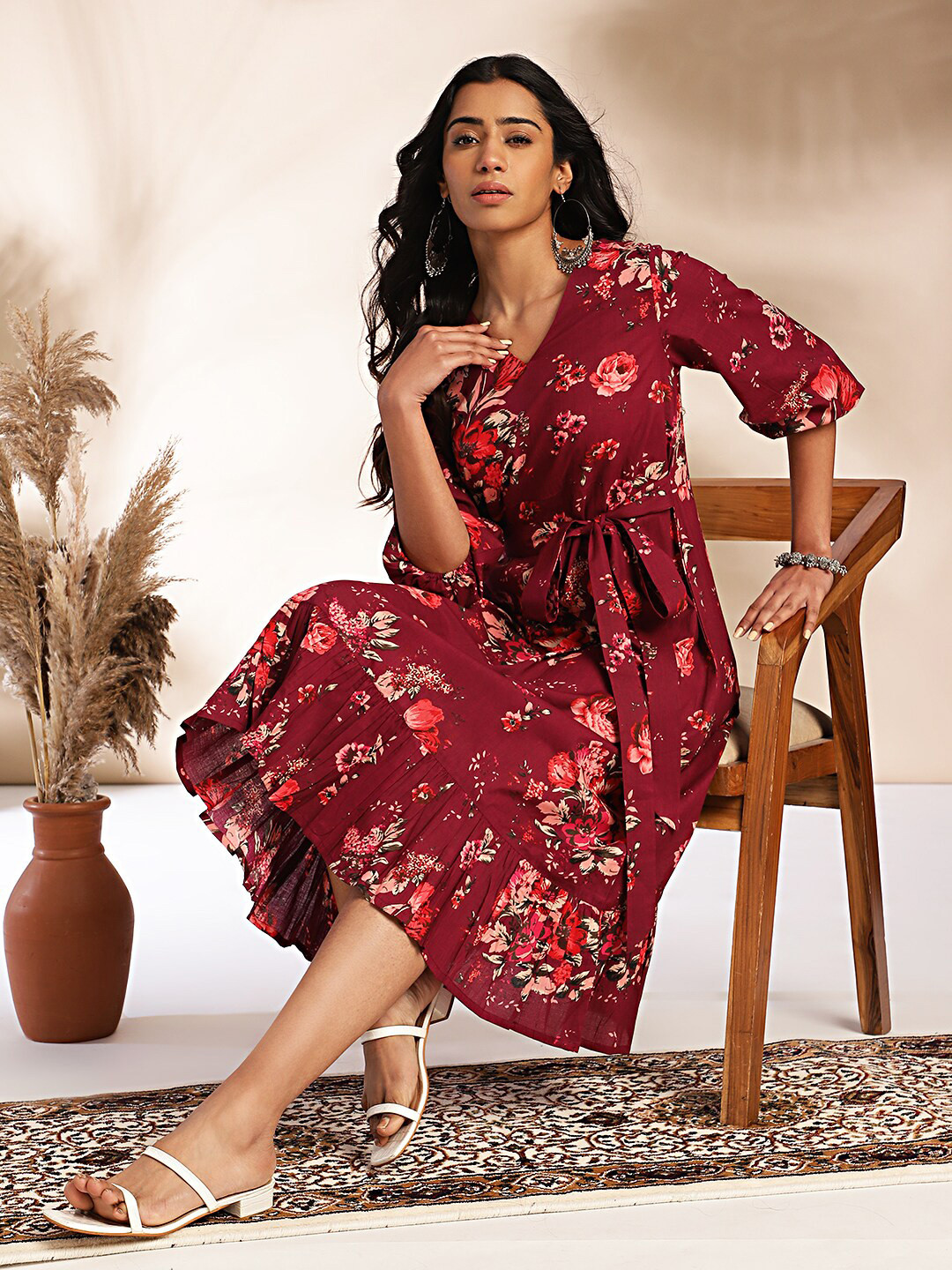 Janasya Women's Wine Cotton Floral A-Line Dress