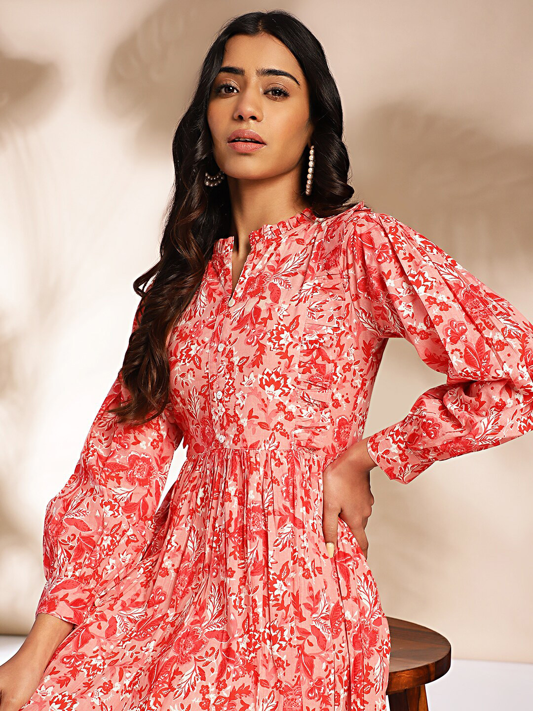 Janasya Mandarin Collar Floral Print Long Puff Sleeve Ruffled Maxi Dress